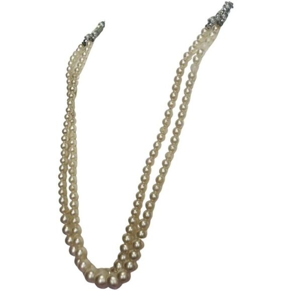Vintage Oversized Beige Pearl Bead Double Strand Rhinestone Women’s Necklace - Picture 5 of 9